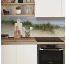 Protecție de perete pentru bucătărie cu motiv de dune în spatele plitei și a chiuvetei.