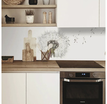 Scenă de bucătărie cu autocolant de perete păpădie, aragaz și ustensile de bucătărie