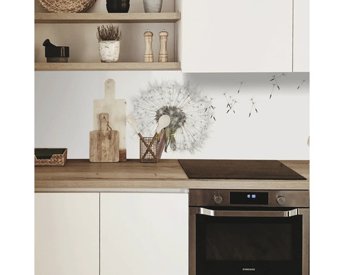 Scenă de bucătărie cu autocolant de perete păpădie, aragaz și ustensile de bucătărie