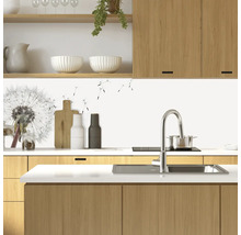 Scenă de bucătărie cu chiuvetă, robinet, plită și ustensile de bucătărie în fața unui fundal de bucătărie cu motiv de păpădie