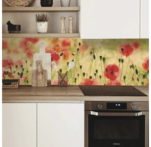 Scenă de bucătărie cu panou de perete cu maci deasupra blatului și a aragazului