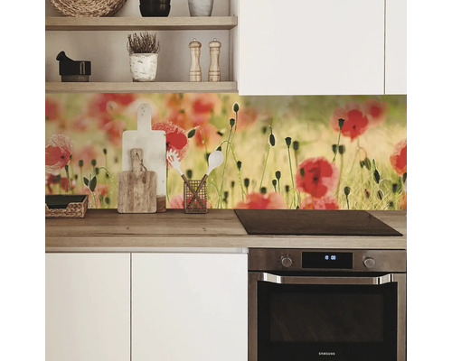 Scenă de bucătărie cu panou de perete cu maci deasupra blatului și a aragazului