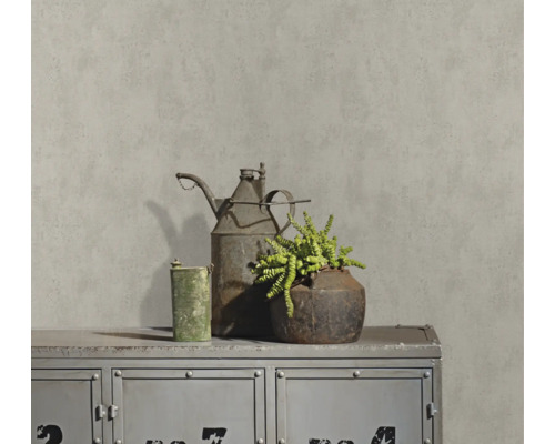 Scenă decorativă cu ulcior vintage, plantă și dulap metalic