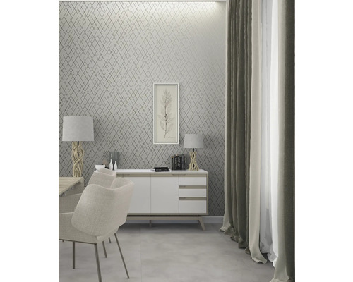 Sufragerie modernă cu comodă, lămpi și tapet geometric