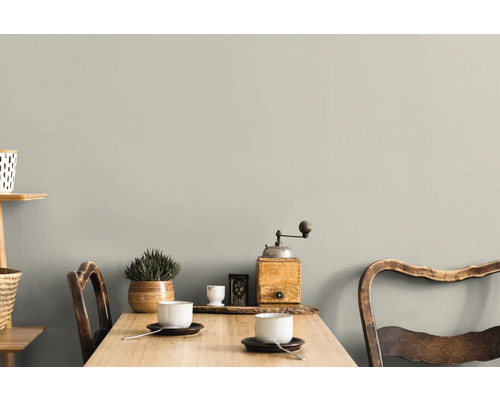 Cameră de zi cu masă, scaune și decorațiuni în fața unui perete gri