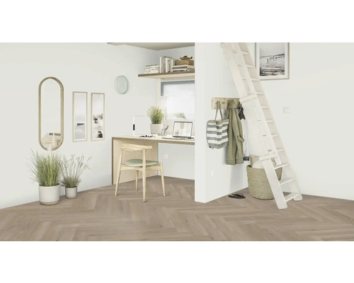 Cameră luminoasă cu birou, scară și decorațiuni