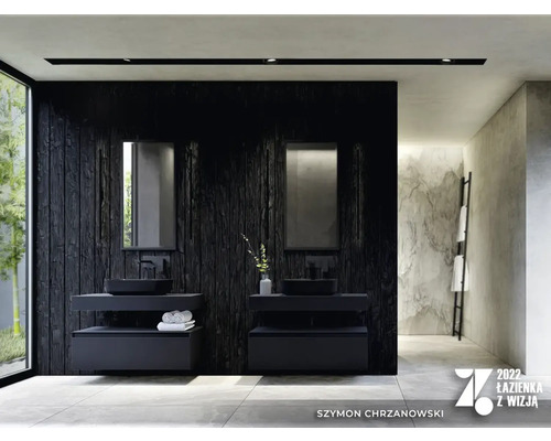 Baie cu două chiuvete, oglinzi și lambriuri din lemn închis la culoare