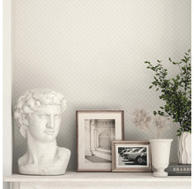 Perete decorativ cu model grilaj, bust, imagini înrămate și plantă de interior
