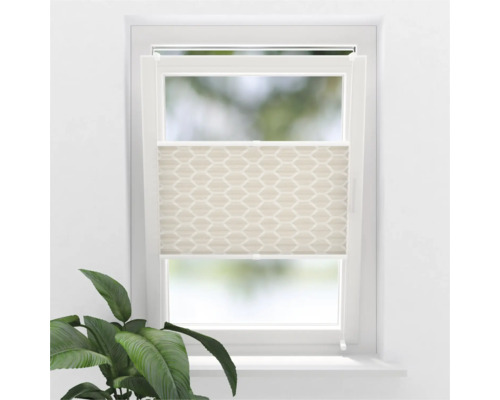 Fereastră cu jaluzea pliantă bej cu model geometric