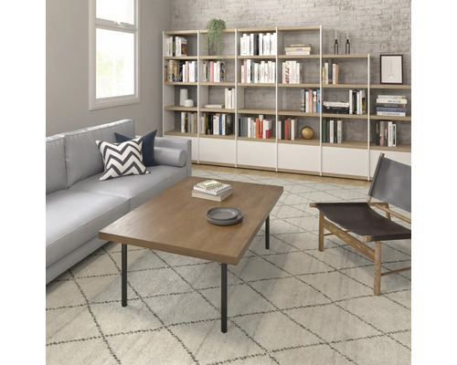 Living cu canapea, măsuță de cafea și bibliotecă