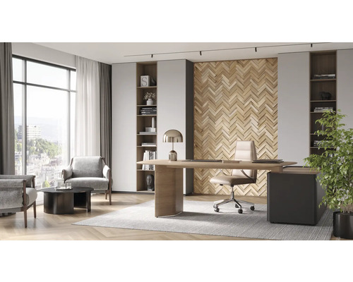 Birou cu birou, scaun, fotolii, rafturi și decorațiuni