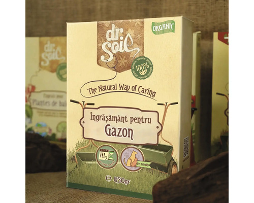 Cutie de îngrășământ pentru gazon Dr Soil cu mențiunea 100% natural