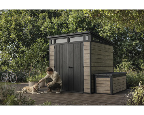 Scenă de grădină cu magazie de scule și ladă, bărbat mângâind un câine