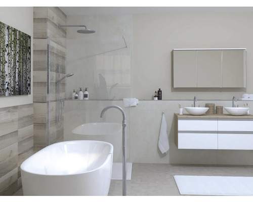 Baie luminoasă cu cadă independentă, dulap de lavoar cu două chiuvete și duș.