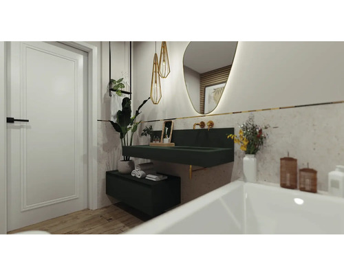 Baie modernă cu lavoar verde, oglindă și plante