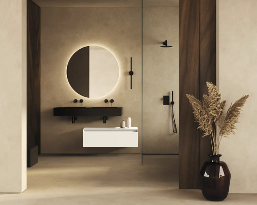 Baie modernă cu oglinzi rotunde și chiuvetă
