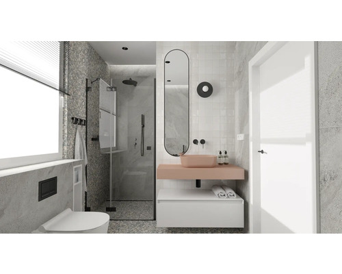 Baie cu duș, lavoar, oglindă și toaletă într-un design luminos.