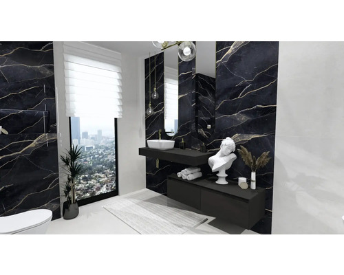 Baie modernă cu gresie de marmură neagră, chiuvetă și fereastră mare