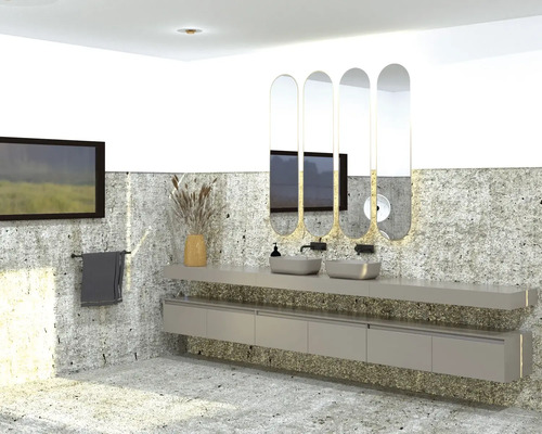 Baie cu lavoare, oglinzi, suport pentru prosoape și decor