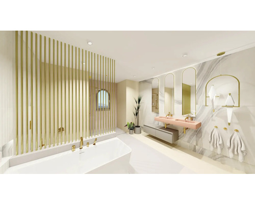 Baie luminoasă cu cadă, chiuvetă, oglinzi și accente aurii