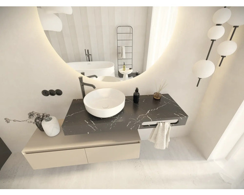 Baie modernă cu oglindă rotundă, lavoar de blat, dulap de lavoar și cadă