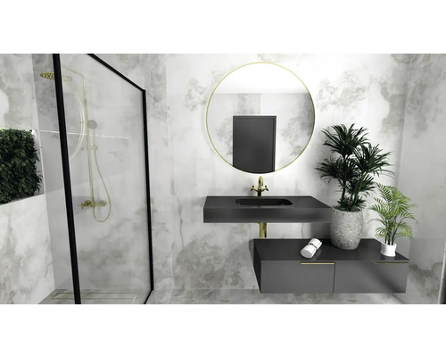 Baie cu duș, lavoar, oglindă și plante