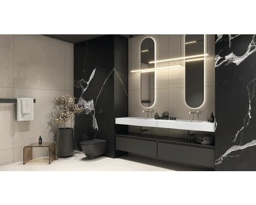 Baie modernă cu lavoar, oglinzi, toaletă și plante