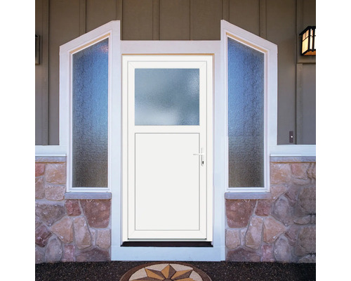 Ușă de intrare albă cu inserție de sticlă și ferestre laterale