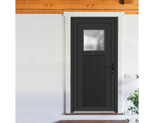 Ușă de intrare neagră cu fereastră și linii verticale