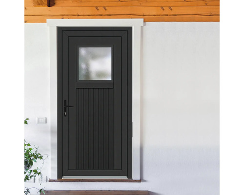 Ușă secundară de intrare neagră cu inserție de sticlă și caneluri verticale