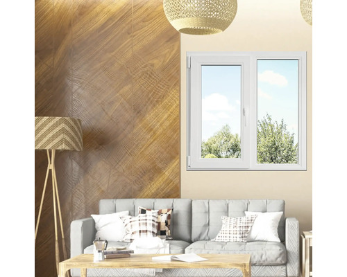 Cameră de zi cu canapea gri și fereastră albă