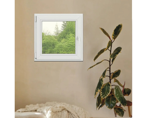 Fereastră pătrată albă cu vedere la copaci verzi