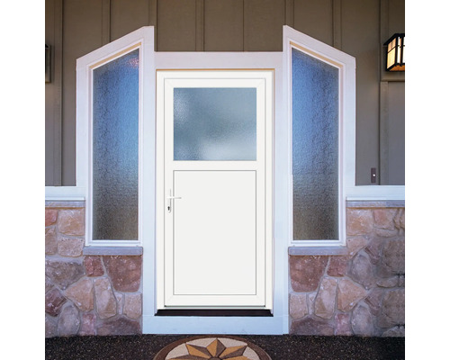 Ușă albă cu inserție de sticlă și părți laterale pentru intrarea în casă