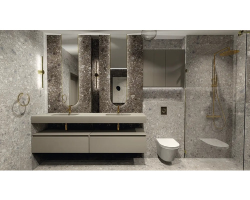 Baie luminoasă cu chiuvetă dublă, oglinzi, toaletă și duș