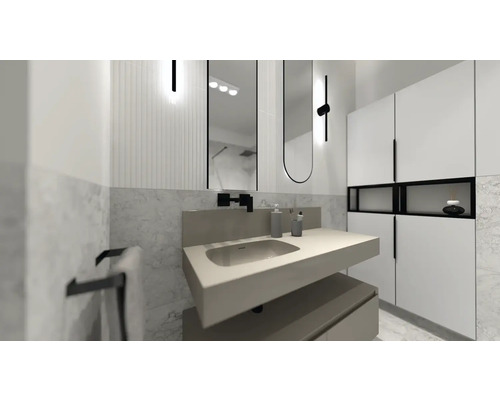 Baie cu chiuvetă, oglindă și spațiu de depozitare