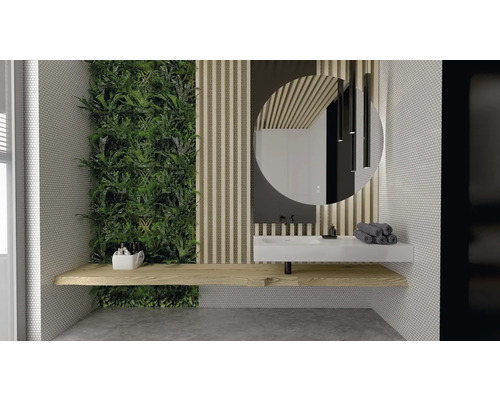 Baie modernă cu perete vegetal, lavoar, oglindă și elemente din lemn