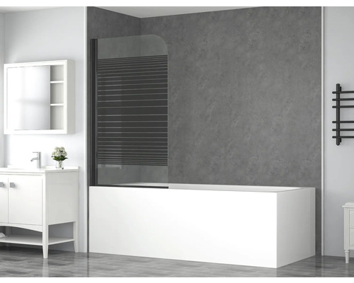 Paravan cadă form&style ABETO 75x140 cm, 1 element, decor dungi, profil negru Baie modernă cu cadă, paravan cadă, lavoar și calorifer
