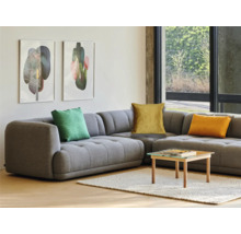 Living cu canapea de colț gri, perne și măsuță de cafea