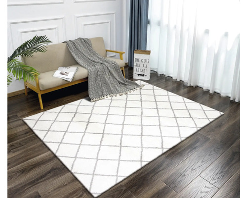 Cameră de zi cu canapea și covor cu model geometric