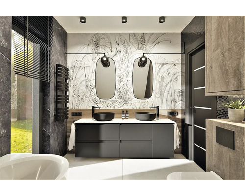 Baie modernă cu chiuvetă dublă, oglinzi și tapet grafic