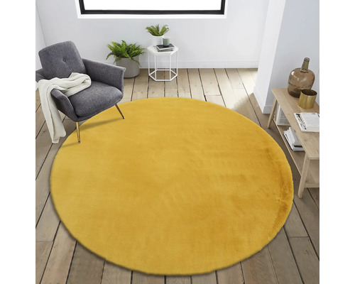 Camera de zi cu covor rotund galben, fotoliu și podea din lemn.