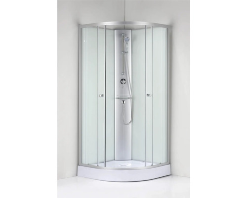 Cabină de duș pe colț cu coloană de duș și sticlă mată