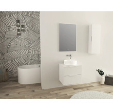 Baie cu lavoar, oglindă și dulap înalt în fața unui perete cu model de frunze