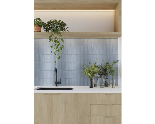 Scenă de bucătărie cu chiuvetă, robinet, perete cu gresie și plante