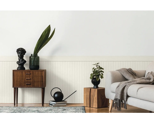 Cameră de zi cu comodă, plantă, decorațiuni și canapea