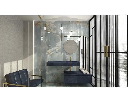 Baie cu lavoar, oglindă, iluminat și zonă de relaxare pentru un design modern.