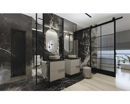 Baie cu chiuvetă dublă, oglindă și calorifer în fața unui perete de marmură