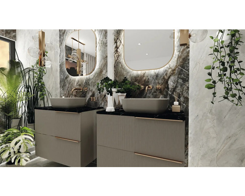 Design modern de baie cu două chiuvete, oglinzi și plante