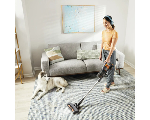 O femeie aspiră un covor într-o sufragerie cu un aspirator fără fir în timp ce un câine se uită.