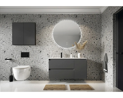 Baie modernă cu dulap de bază pentru lavoar, dulap cu oglindă, oglindă rotundă, toaletă suspendată și perete cu model